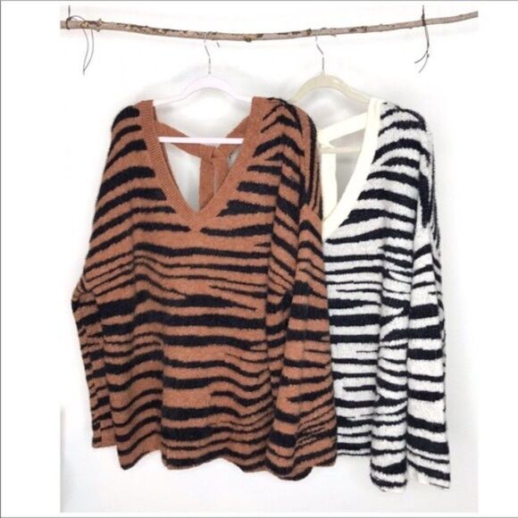 zebra Print V- Neck Sweater with Back Ties - Picture 4 of 9